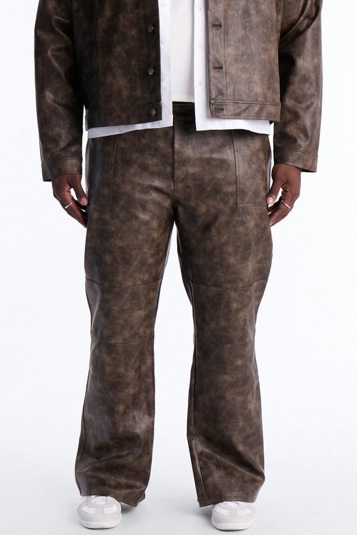 Straight Flared Stone Grained Faux Leather Zip Pant - Brown