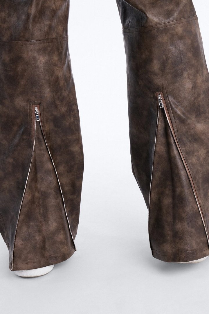 Straight Flared Stone Grained Faux Leather Zip Pant - Brown