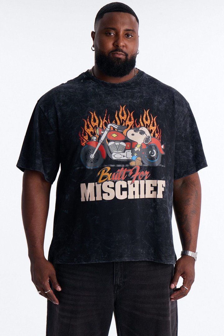 Peanuts Snoopy Mischief Rhinestones Mineral Wash Fleece Tee - Black Wash
