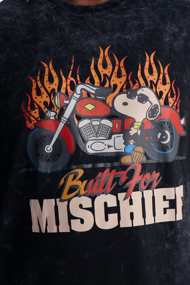 Peanuts Snoopy Mischief Rhinestones Mineral Wash Fleece Tee - Black Wash