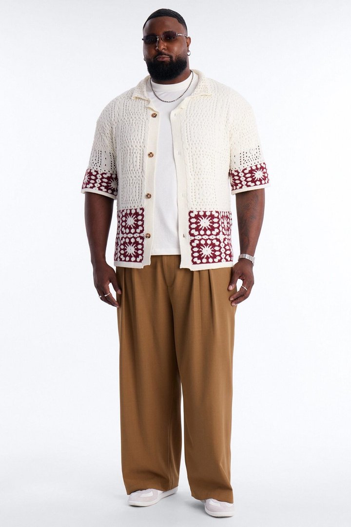 Relaxed Sunstage Crochet Cuban Collar Button Up Shirt - Wine