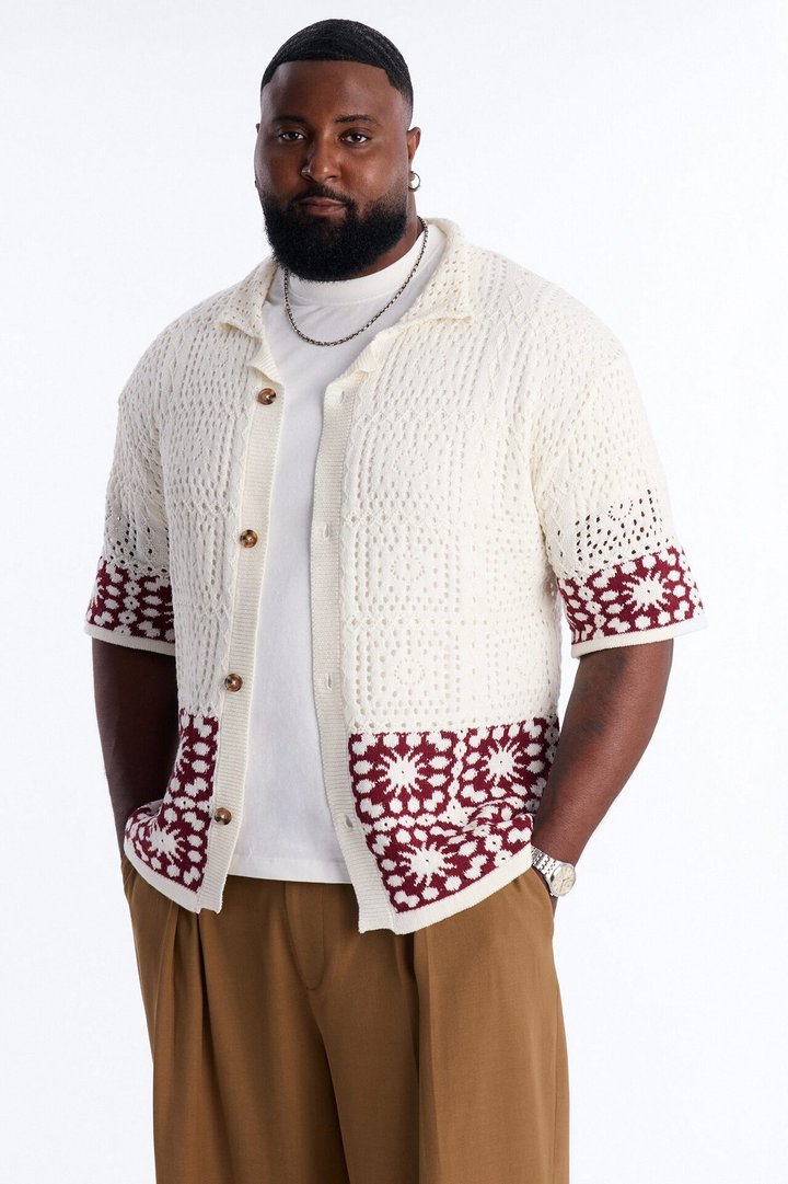 Relaxed Sunstage Crochet Cuban Collar Button Up Shirt - Wine
