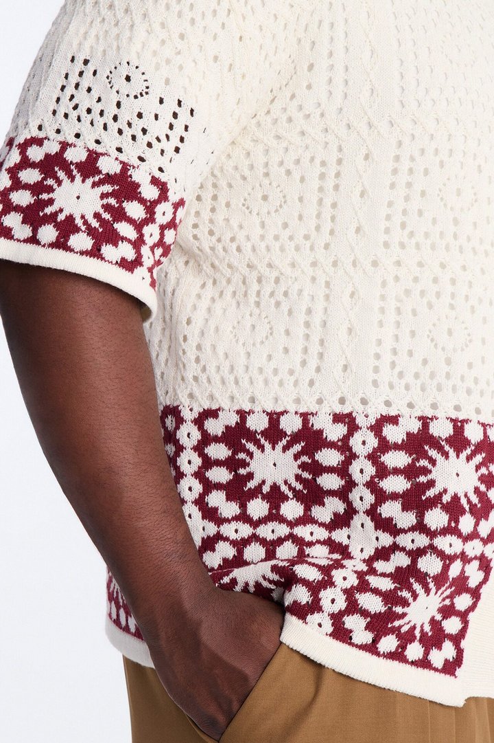 Relaxed Sunstage Crochet Cuban Collar Button Up Shirt - Wine