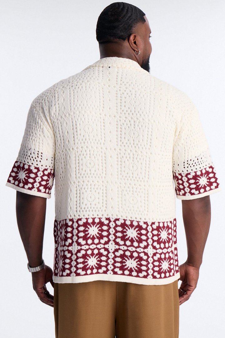 Relaxed Sunstage Crochet Cuban Collar Button Up Shirt - Wine