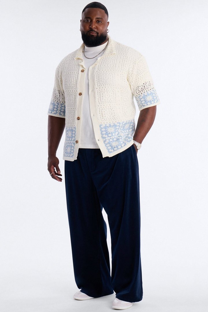 Relaxed Sunstage Crochet Cuban Collar Button Up Shirt - Light Blue