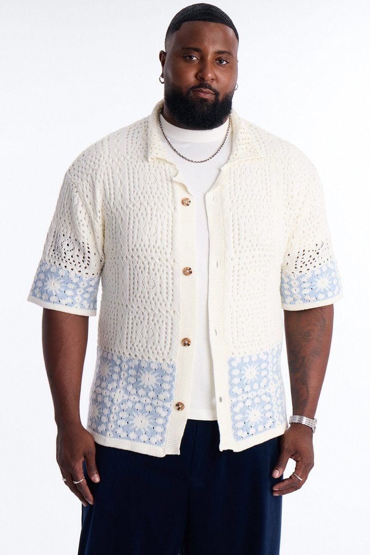Relaxed Sunstage Crochet Cuban Collar Button Up Shirt - Light Blue