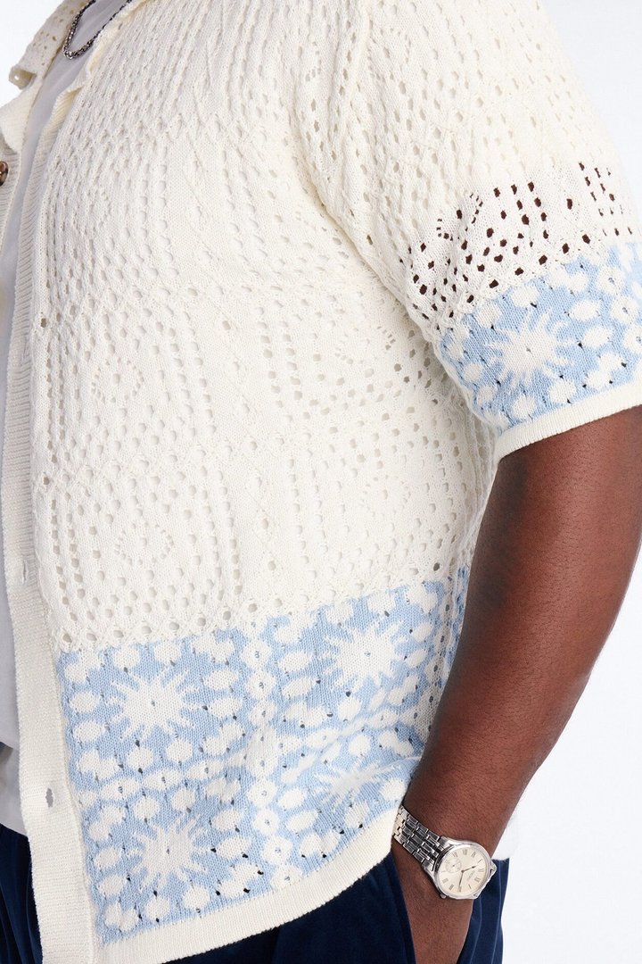 Relaxed Sunstage Crochet Cuban Collar Button Up Shirt - Light Blue