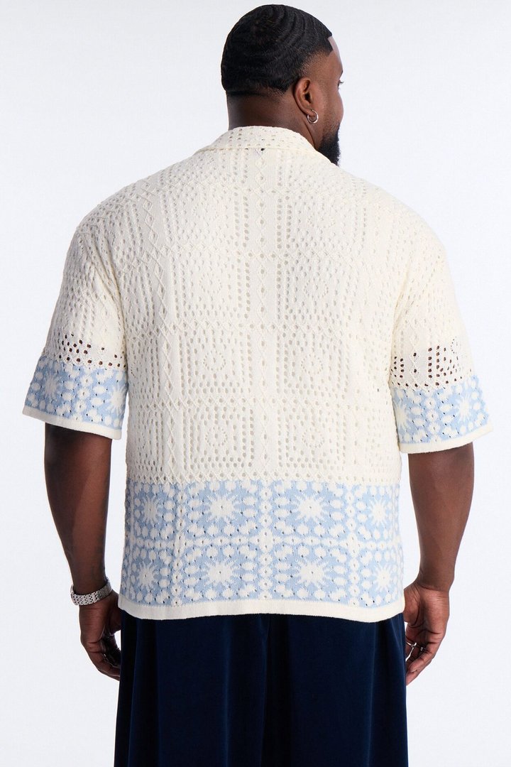 Relaxed Sunstage Crochet Cuban Collar Button Up Shirt - Light Blue