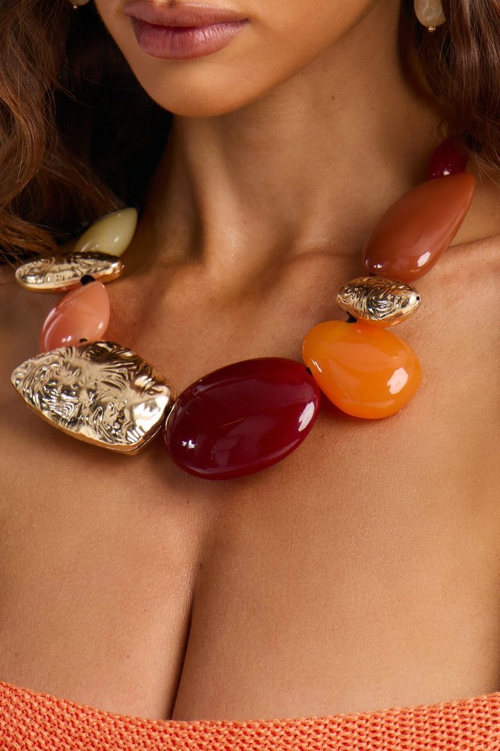 Get Over It Oversized Jeweled Necklace - Orange/combo