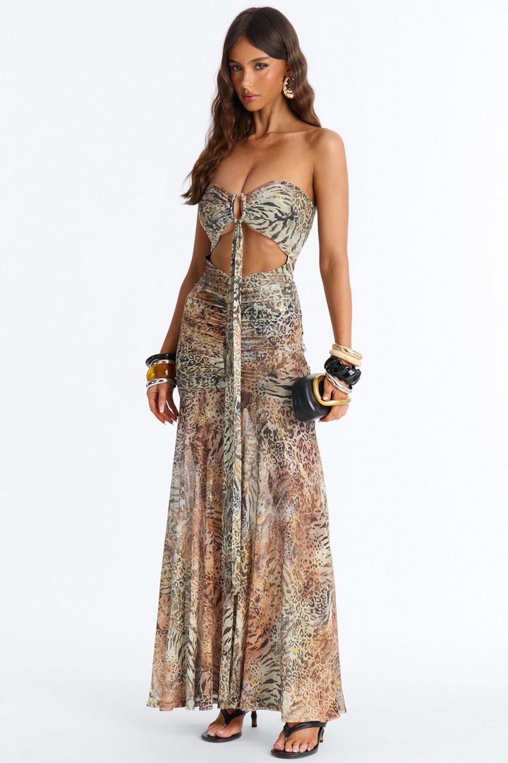 Amra Draped Mesh Maxi Dress - Brown/combo
