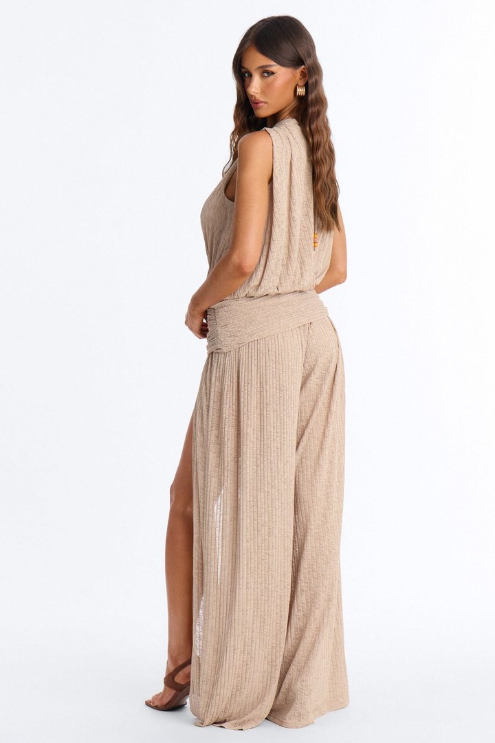 Romy Beaded Wide Leg Slit Jumpsuit - Taupe