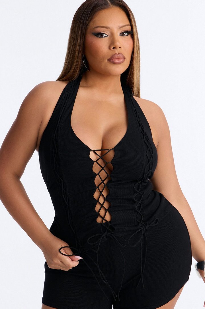 Midnight Madness Lace Up Halter Top and Short Set - Black