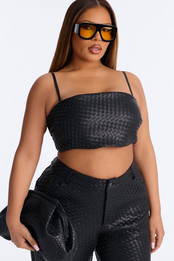 Vivian Woven Faux Leather Bralette Top - Black