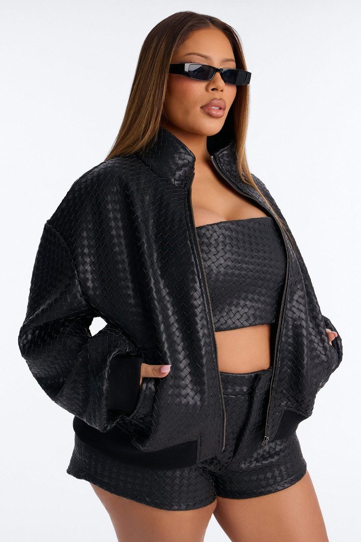 Vivian Woven Faux Leather Bomber Jacket - Black