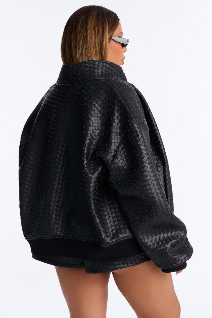 Vivian Woven Faux Leather Bomber Jacket - Black