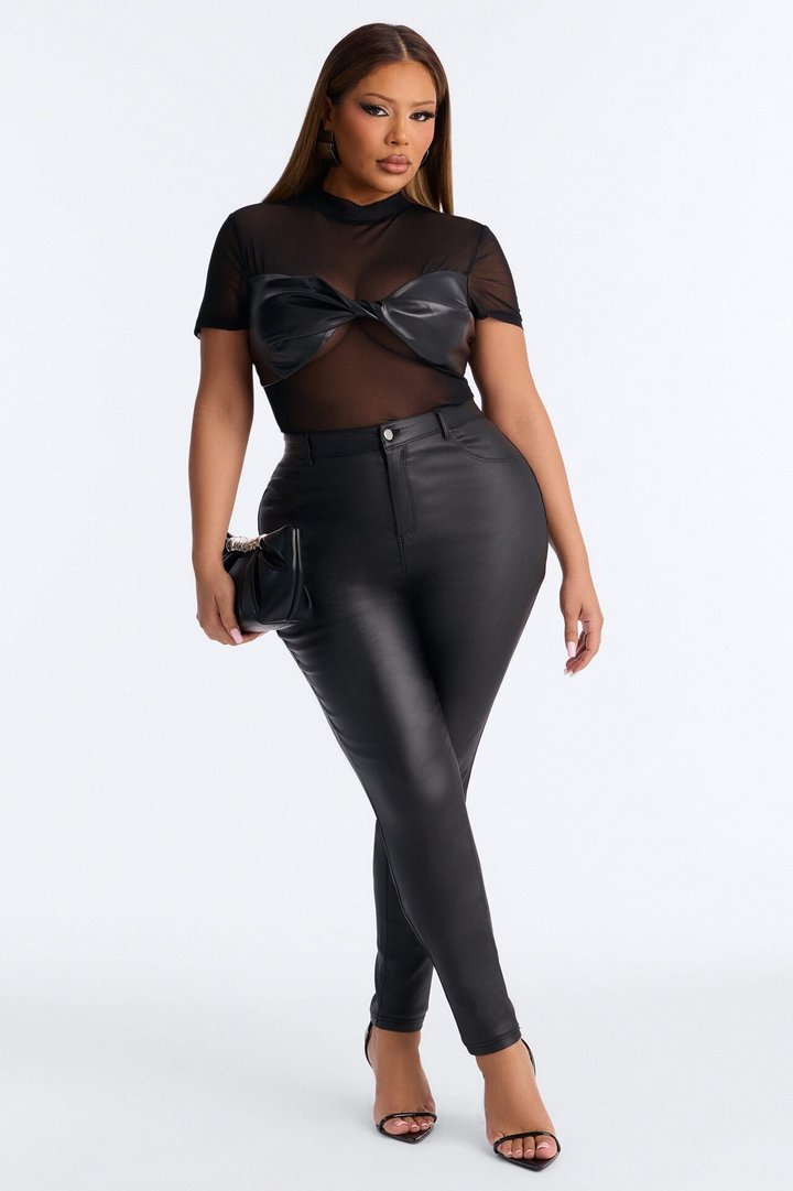 Best Of Luck Short Sleeve Twist Mesh Bodysuit - Black