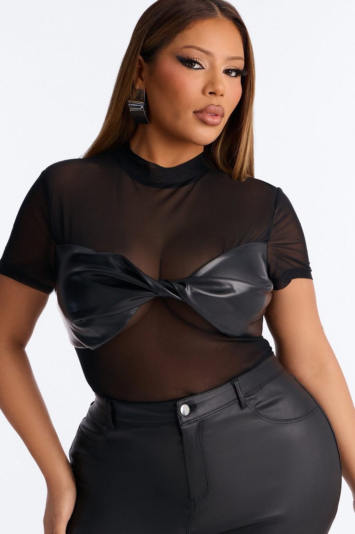 Best Of Luck Short Sleeve Twist Mesh Bodysuit - Black
