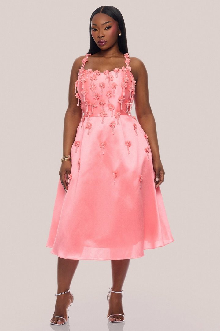 Eternal Bloom Taffeta Midi Dress - Coral