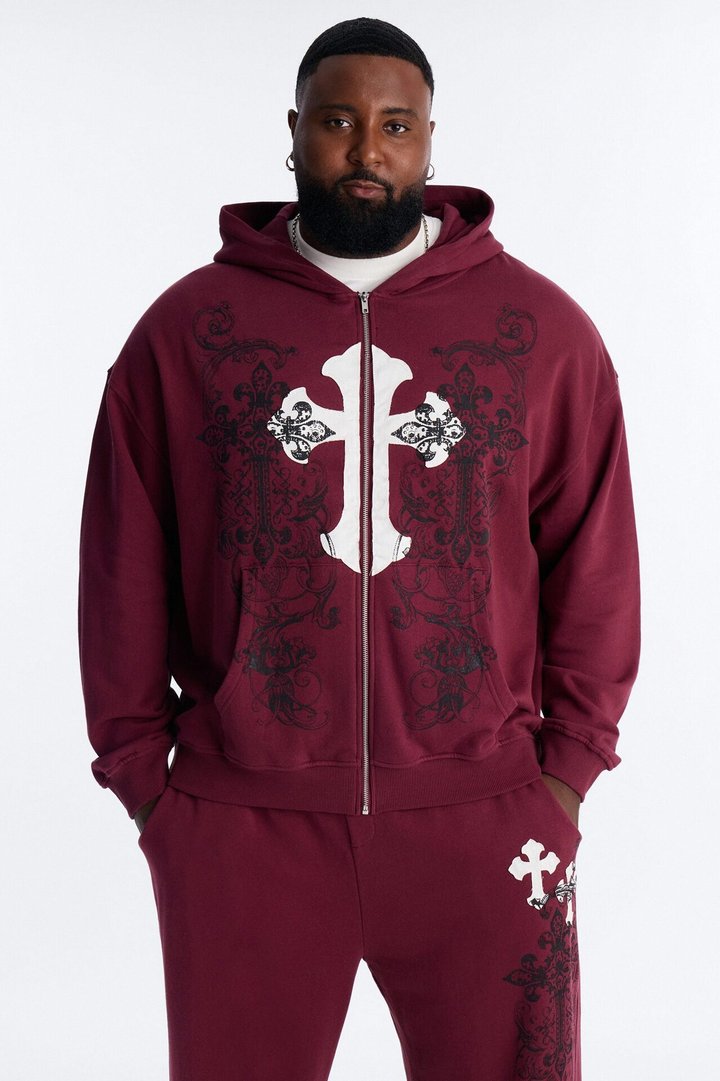 Cross Patch Zip Hoodie - Burgundy