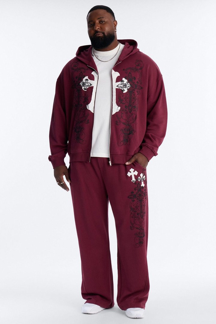 Cross Patch Zip Hoodie - Burgundy