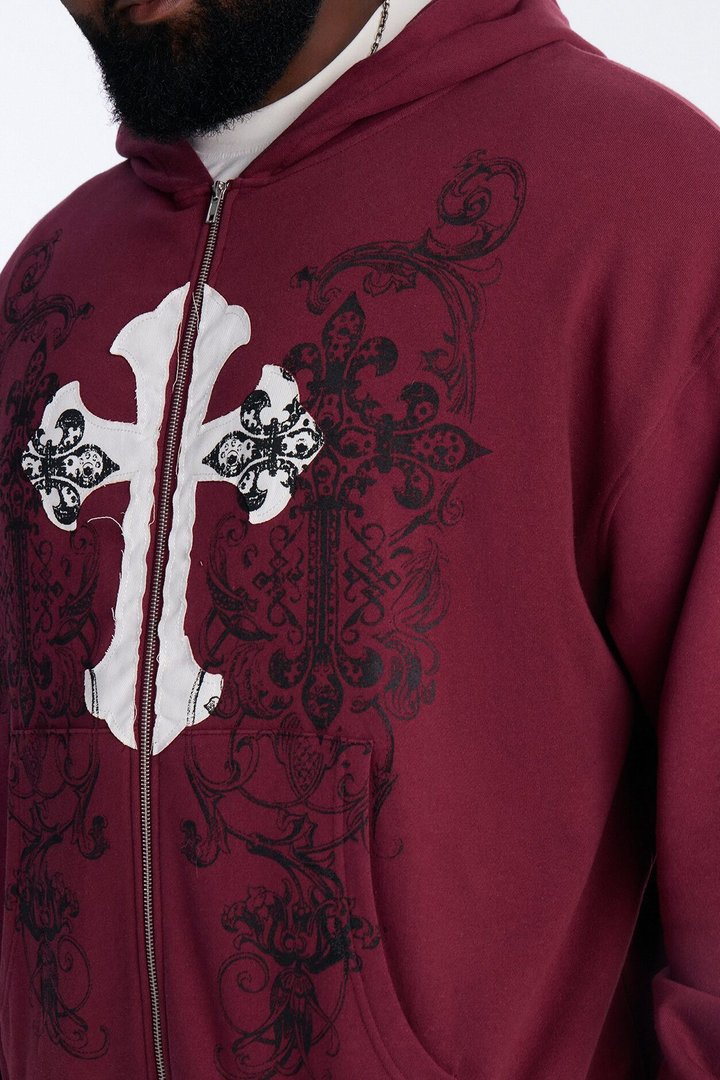 Cross Patch Zip Hoodie - Burgundy