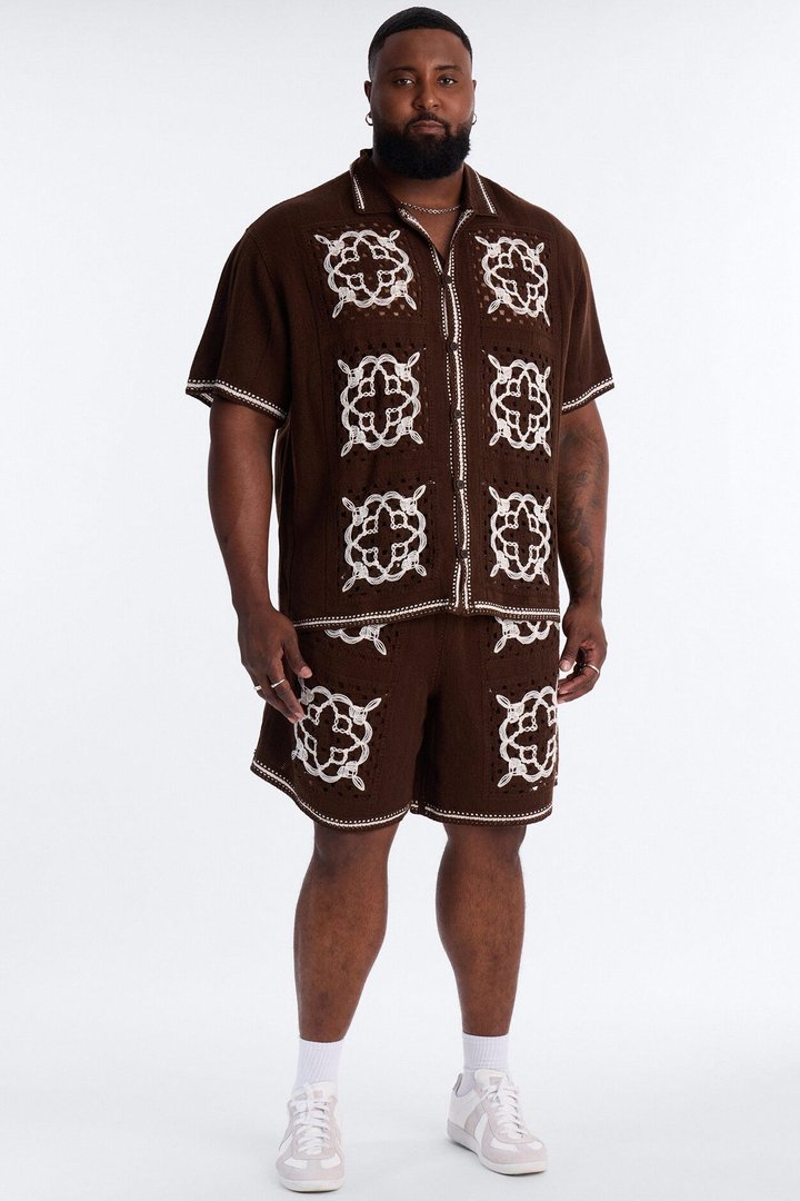 Lido Isle Crochet Button Up Shirt - Brown