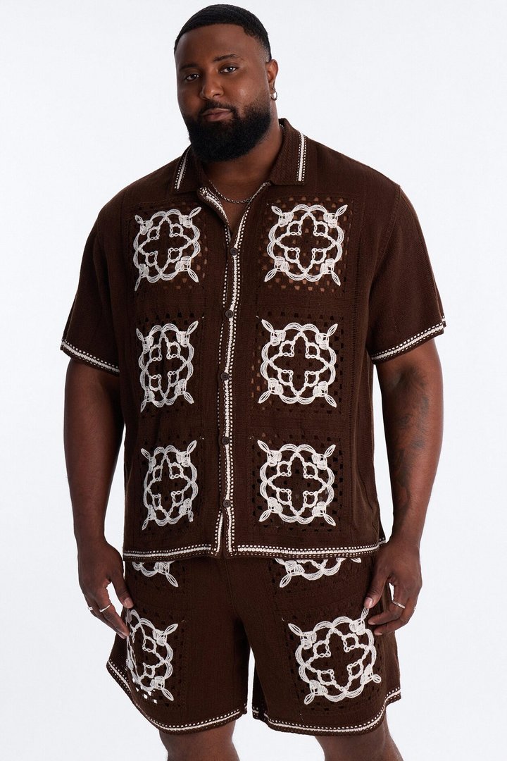 Lido Isle Crochet Button Up Shirt - Brown