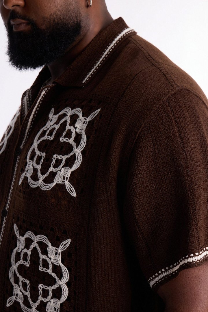 Lido Isle Crochet Button Up Shirt - Brown