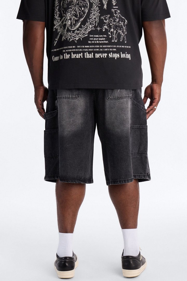 Baggy Jeweled Web Carpenter Denim Short - Black Wash