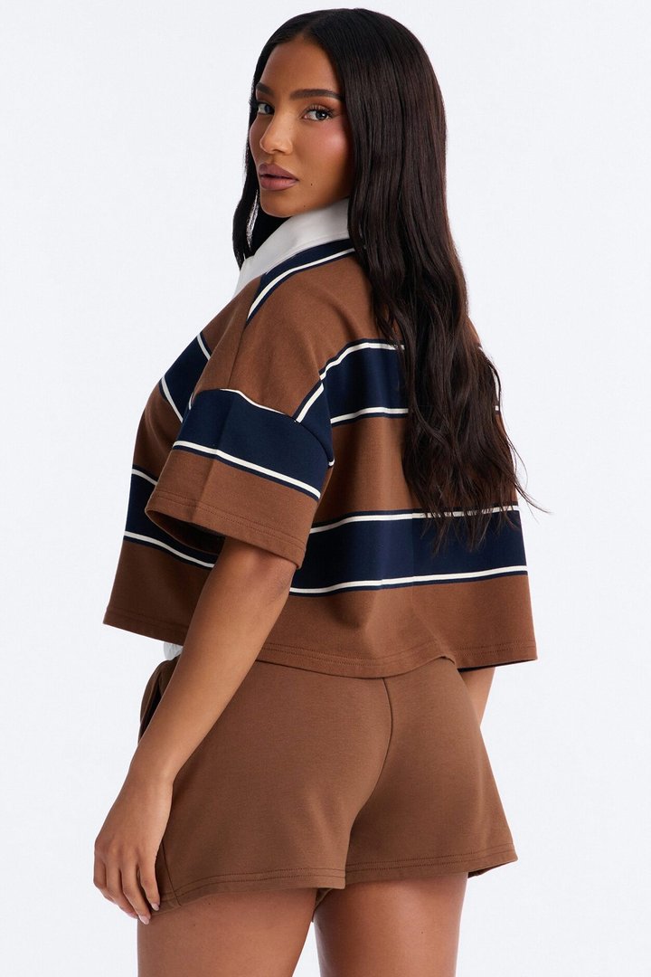 Sydney Striped Polo Lounge Short Set - Chocolate