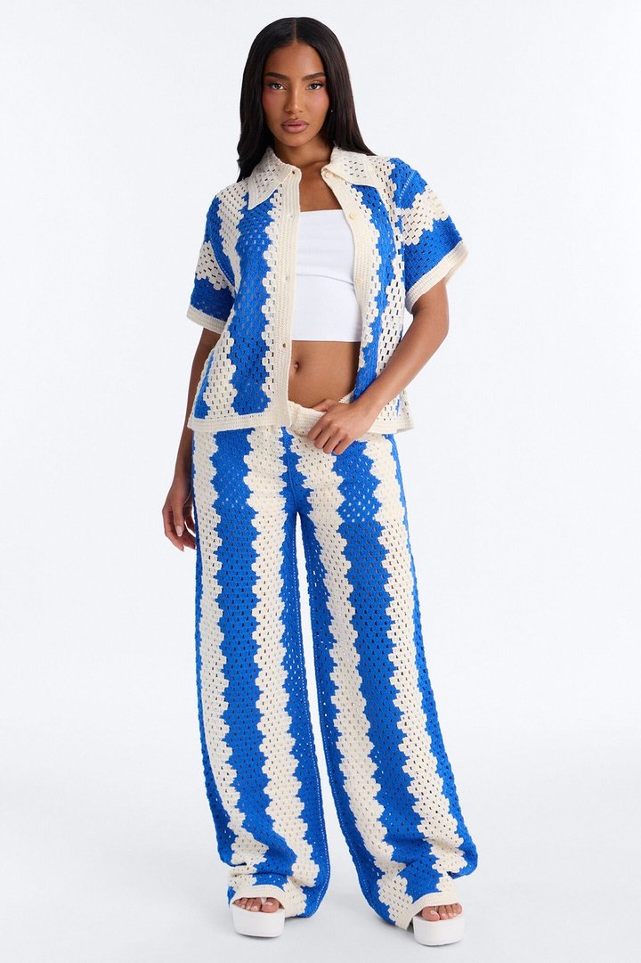Shoreline Symphony Crochet Pant Set - Blue/combo