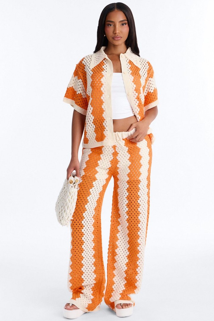 Shoreline Symphony Crochet Pant Set - Orange/combo
