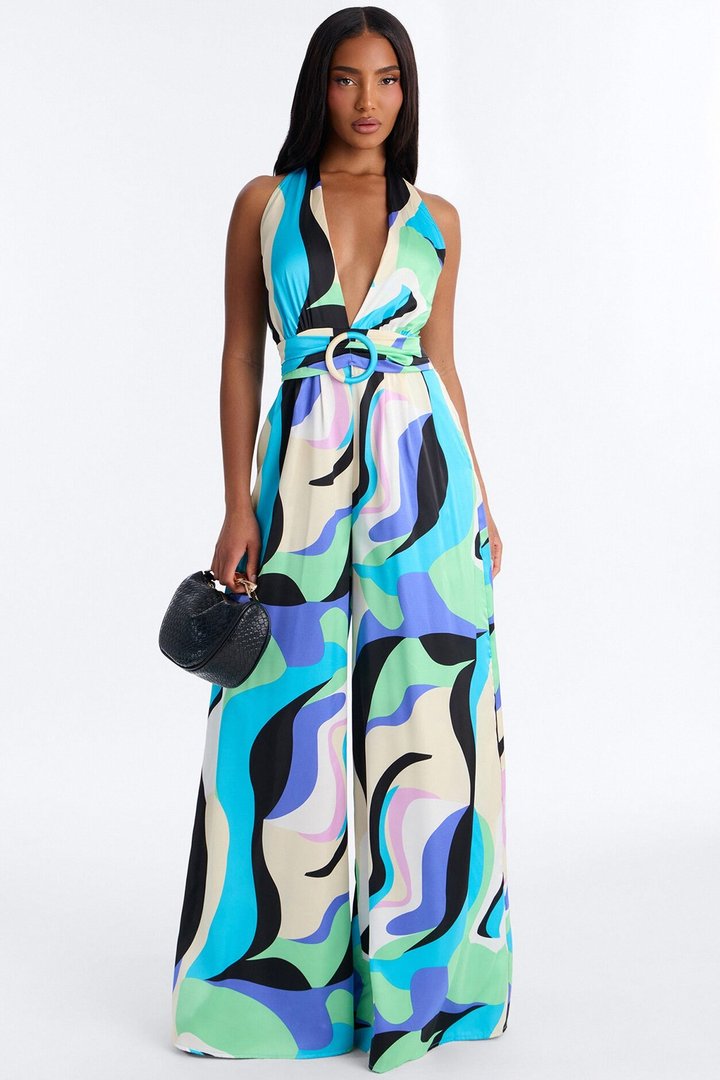 Jules Belted Wide Leg Jumpsuit - Blue