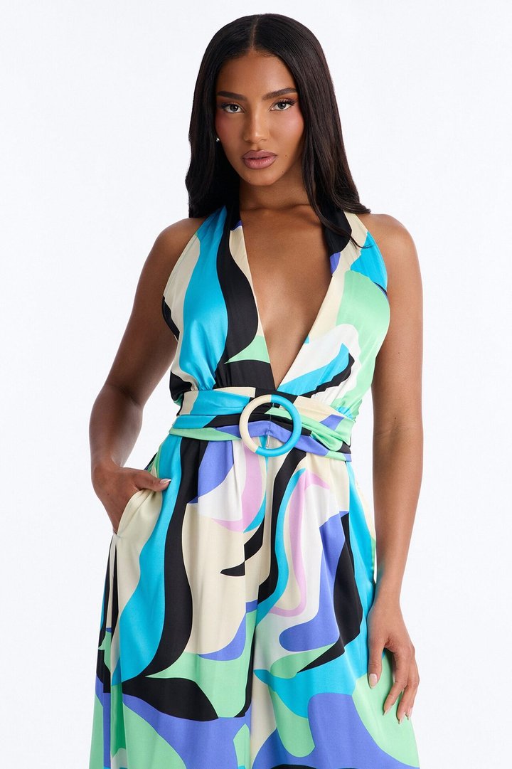 Jules Belted Wide Leg Jumpsuit - Blue