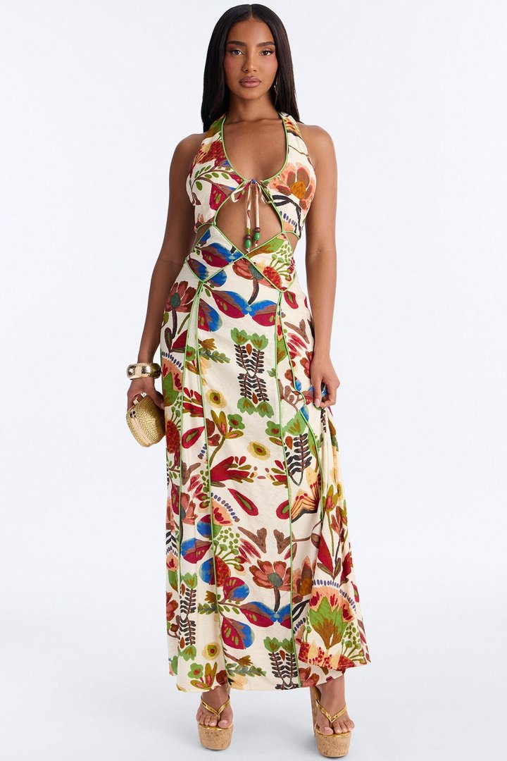 Sicilian Summer Linen Maxi Dress - Cream/combo