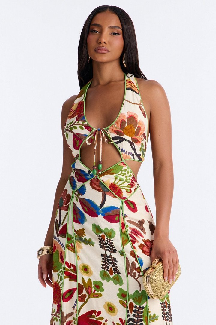 Sicilian Summer Linen Maxi Dress - Cream/combo