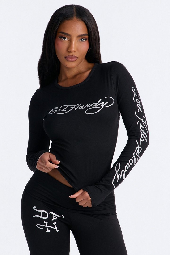 Ed Hardy Love Kills Flare PJ Pant Set - Black