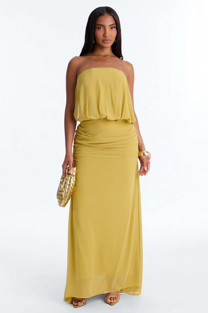 Too Chic Strapless Chiffon Maxi Dress - Chartreuse