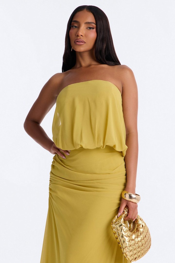 Too Chic Strapless Chiffon Maxi Dress - Chartreuse