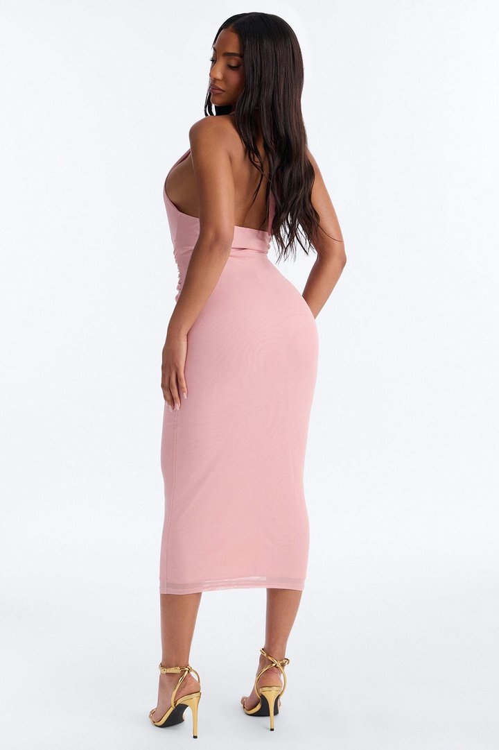 Natalie Ruched Mesh Midi Dress - Mauve