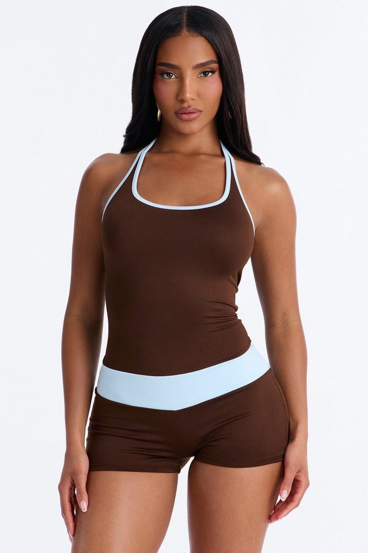 Bella Contrast Trim Halter Romper - Chocolate/Combo