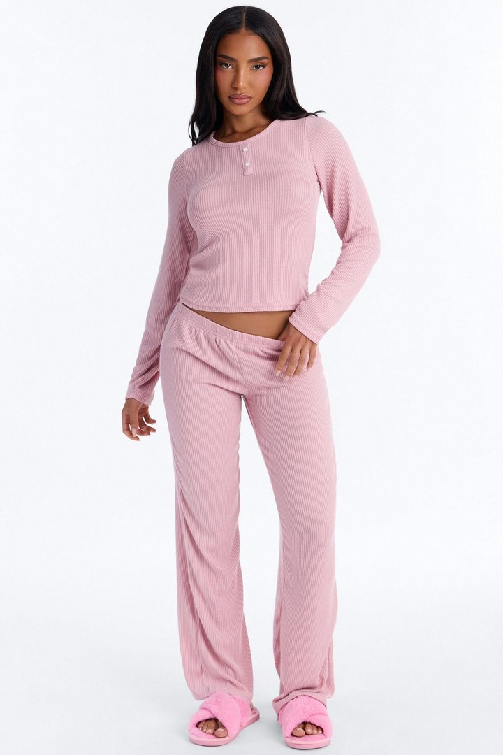 Slumber Haven Ribbed Long Sleeve PJ Pant Set - Mauve
