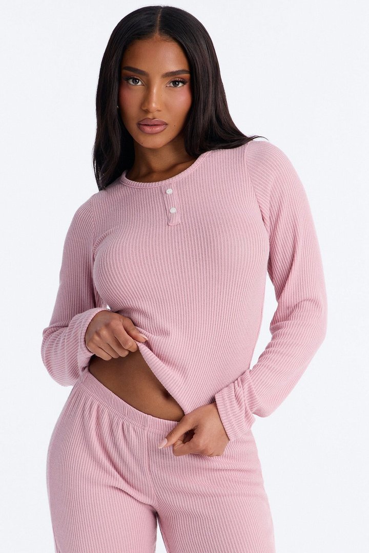 Slumber Haven Ribbed Long Sleeve PJ Pant Set - Mauve