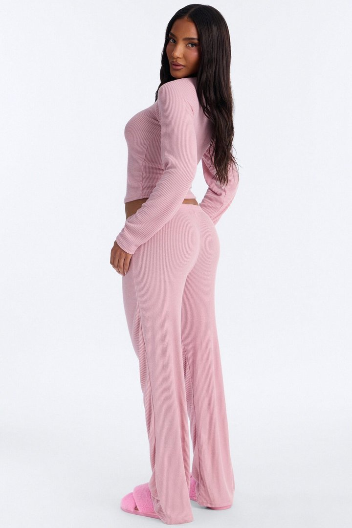Slumber Haven Ribbed Long Sleeve PJ Pant Set - Mauve