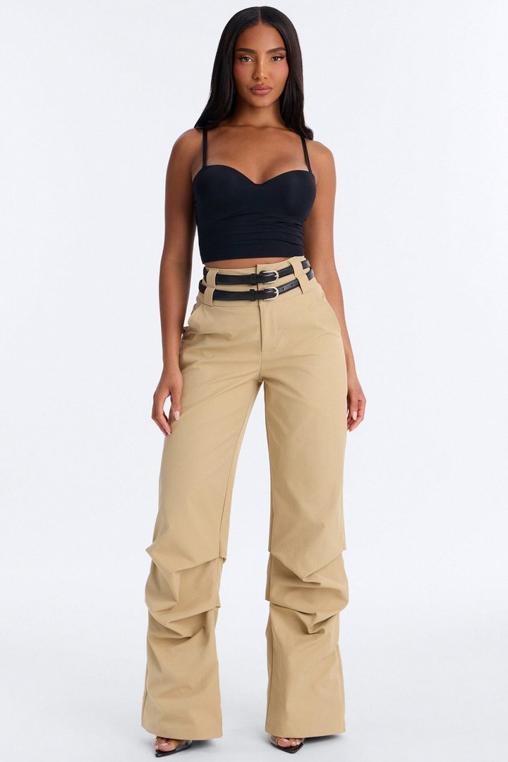 Rock Your World Double Belted Stacked Pant - Khaki
