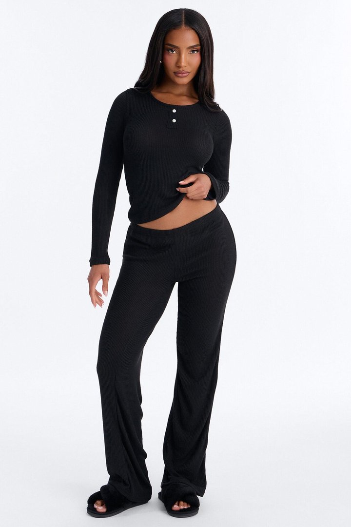 Slumber Haven Ribbed Long Sleeve PJ Pant Set - Black