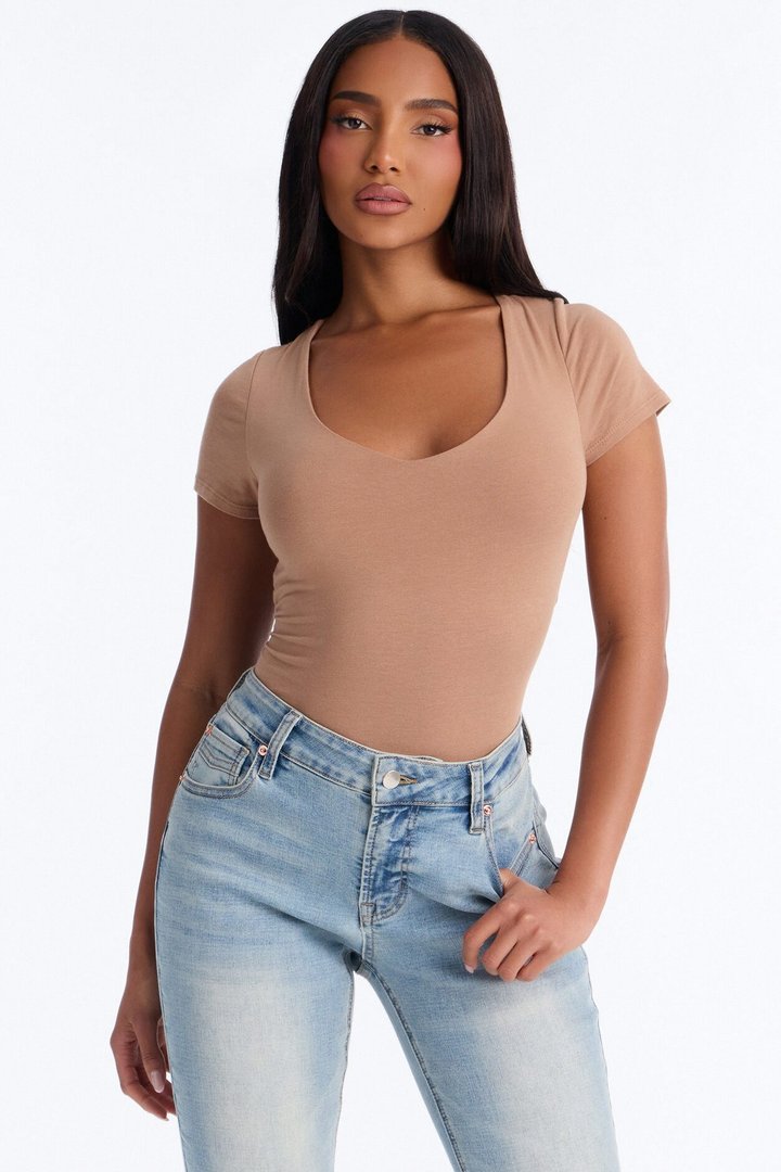 Marion Double Lined V Neck Bodysuit - Mocha