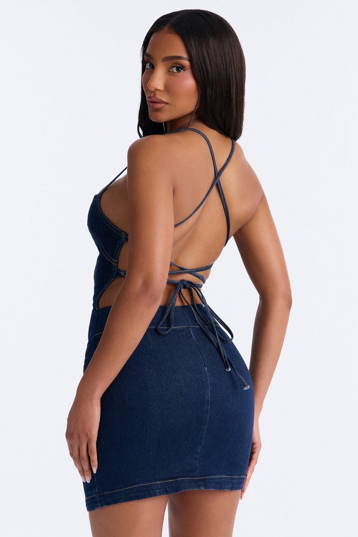 Tied To You Denim Mini Dress - Dark Wash