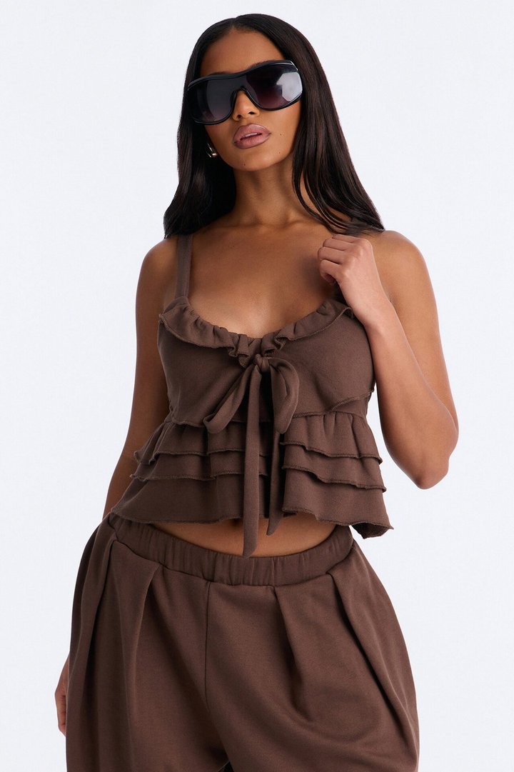 Miranda Ruffle Jogger Pant Set - Brown