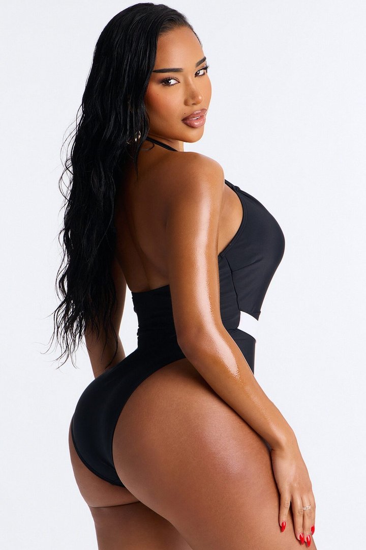 Mirror Mirror Belted 1 Piece Plunge Halter Swimsuit - Black
